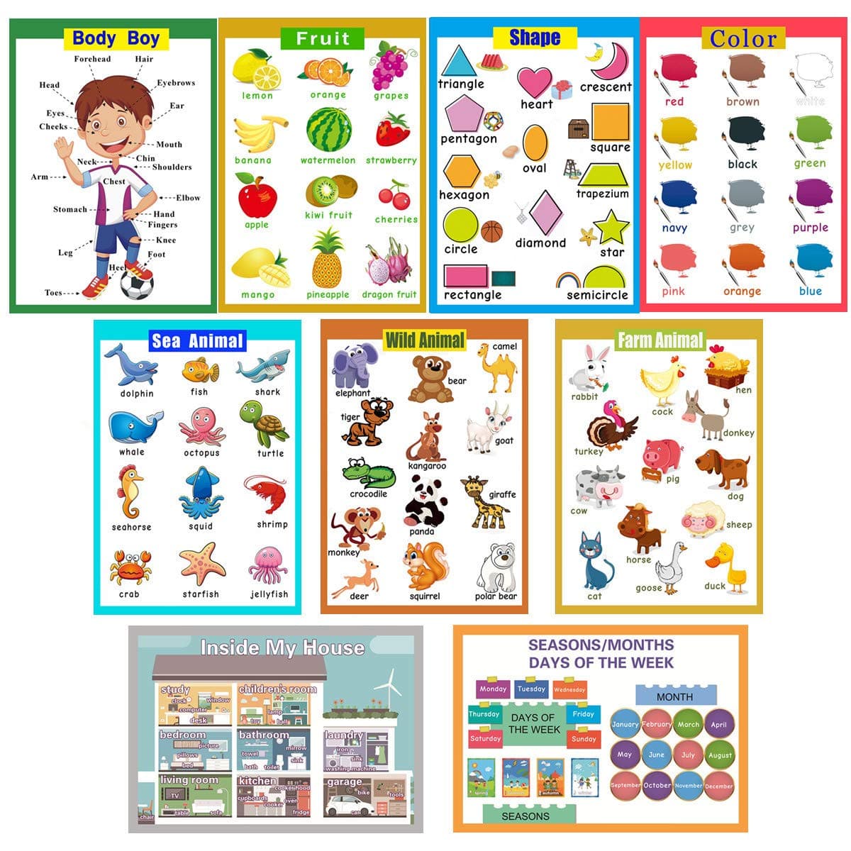 9 Laminated Educational Wall Charts|School Classroom Posters|Class Decorations for Kindergarten-Wild/Farm/Sea Animal,Body Boy,Fruit,Color,Shape,House,Seasons/Months/Days of The Week