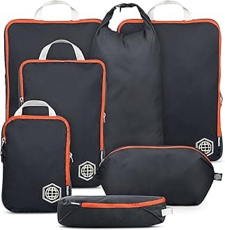 TRIPPED XL Compression Packing Cubes — 7-Piece Set for Checked Luggage | Extra-Large (15.7"×11"×4") + Large + Small + Tube + Laundry Bag | Ripstop Nylon | Grey/Orange