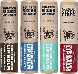 Natural Lip Balm for Men – Men’s Lip Care for Dry, Chapped Lips – Coconut Oil, Shea Butter & Beeswax – Original Squatch, Vanilla Bourbon, Coconut Cove, Wild Watermelon (0.25 oz, 4 Pack)