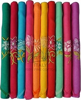 Caruso Italy Women'S Embroidered 100% Pure Cotton Handkerchief Multicolor | Hanky For Women | Pack Of 10