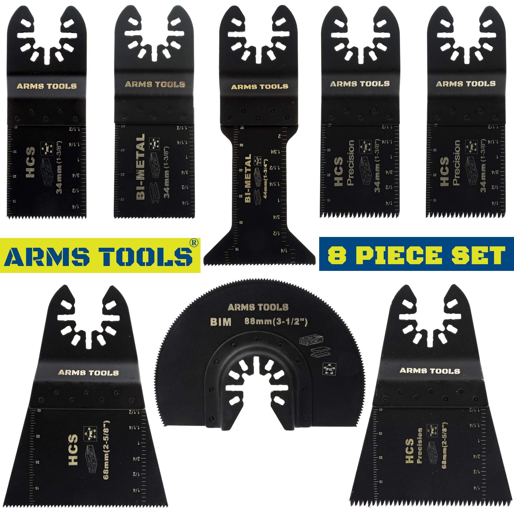 8 Piece Multitool Blade Set, ARMS TOOLS Bi-Metal & HCS Quick Release Multi Tool Oscillating Saw Blades Fits Dewalt Fein Rockwell Porter Cable Craftsman Ryobi Makita Milwaukee & More