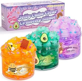 Slime Kit - 3 Pack Jelly Cube Clear Crunchy Slime with Avocado, Honeycomb and Lavender Bear Charms, Preppy and Aesthetic Stuff, Cute Stress Toys and Cool Birthday Gifts for Girls and Boys