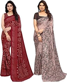 SIRILWomen's Georgette Printed Saree With Unstitched Blouse Piece Combo Pack Of 2