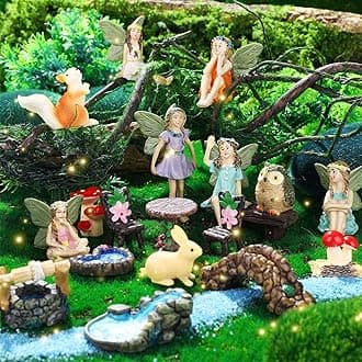 Roowest 19 Pcs Miniatures Garden Fairies Kit Garden Accessories Miniatures Bunny Squirrel Owl Animals Cute Tiny Mushroom Mini Pond Bridge Figurine for DIY Home Micro Landscape Terrarium Ornaments