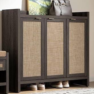 Shoe Storage Cabinet, 30 Pairs Rattan Shoe Cabinet Storage for Entryway, 6-Tier 41" Tall Large Shoe Cabinet, Boho Farmhouse Cabinet with Doors for Entryway Hallway Living Room, Black Oak