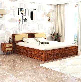 T.G. FURNITURE Solid Sheesham Wood King Size Bed With Box Storage For Living Room Bedroom Home Wooden King Size Bed Cot Palang (Natural Finish) | 1 Year Warranty