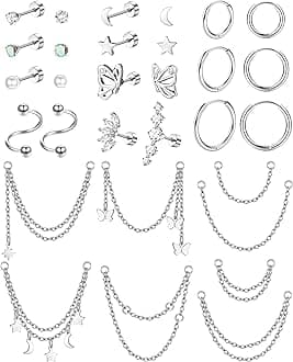 ZELORES 20G Cartilage Earrings Set For Women Men Stainless Steel Small Huggie Hoop Earring Flatback Star Moon Butterfly CZ Cartilage Stud Earrings Chain Dangle Cartilage Helix Tragus Piercing Jewelry