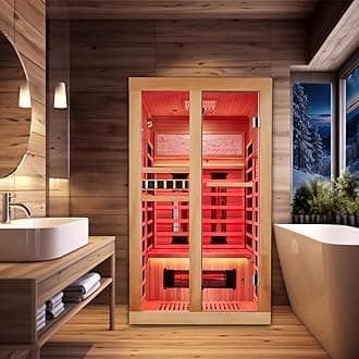 Full Spectrum Infrared Sauna, 2 Person Home Sauna with Red Light Therapy, 15 Minutes Pre-Warm up Indoor Dry Saunas with 2-in-1 Door Handle, 7 Color Light Belts, Canadian Hemlock, 110V
