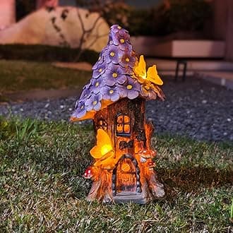 COWOS Mushroom House Statue, Garden Decor Outdoor Solar Statues, Solar Garden Statue Lights, Mushroom Fairy House Figurine, Memorial, Adorable Mushroom and Flowers, Garden Decor
