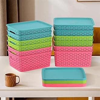 Kuber Industries Pack of 12 Multipurpose Storage Baskets with Lid for Organizing Home & Office | H1- Storage Box/Tray- Ideal for Kitchen, Bathroom, Clothes, Makeup & Stationery | Multicolor