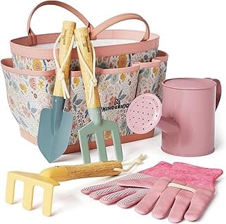 Kinderific Gardening Set, Tool Kit, for Kids, STEM, Includes Tote Bag, Spade, Watering Can, Rake, Fork, Trowel and Gloves (Petal)