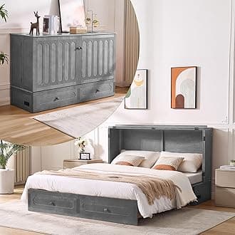 Murphy Bed Queen,Pine Wood Murphy Bed Cabinet with Tri-Folding Mattress,Storage Drawer with 14pcs Auxiliary Wheel & USB Charging Station for Living Room Apartment (Grey 3#)