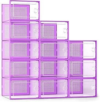 Large Purple Shoe Organizers Storage Boxes for Closet 12 Pack, Kuject Clear Plastic Stackable Shoe Containers Bins with Lids, Under Bed Shoe Storage for Entryway, Drop Front, Fit up to Women's Size 12