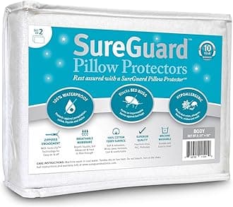 Set of 2 Body Size SureGuard Pillow Protectors - 100% Waterproof - Zippered - Breathable Soft Cotton Terry Cover - Block Bed Bugs, Dust Mites, Allergens - 30 Day Return Guarantee, 10 Year Warranty