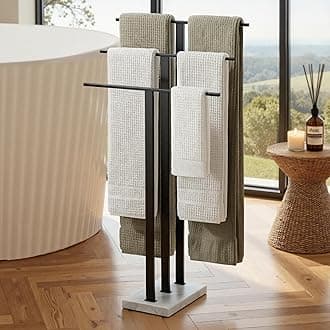 Standing Towel Rack with Marble Base, 3-Tier Towel Rack Stand for Bathroom Floor, Towel Racks for Large Bath Towel & Hand Towel, 18/8 Stainless Steel Matte Black, BTH217S3-BK