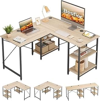 Bestier L Shaped Desk with Shelves Reversible Corner Desk 220CM Industrial Long Table Stable Desk L Shape Computer Workstation with 3 Cable Holes