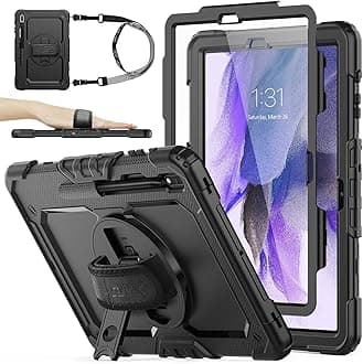 SEYMAC stock Case for Samsung Galaxy Tab S8 Plus / S7 FE 5G 12.4 with Screen Protector [360 Rotating Stand] Hand Shoulder Strap Protective Case for Galaxy Tab S8 Plus/S7 FE 12.4'' 2022/2021, Black