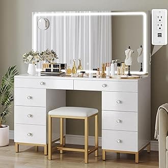 DWVO Vanity Desk with Mirror and Lights, Large Vanity Set with Charging Station, Makeup Table with 8 Drawers, Dimmable 3 Lighting Colors, Makeup Desk for Bedroom and Dressing Room, White
