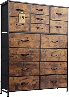 WLIVE Tall Dresser for Bedroom Furniture, Fabric Dressers Storage Tower with 15 Deep Drawers, Chest of Drawers Organizer Unit, Dresser for Closet, Hallway, Entryway, Charcoal Black Wood Grain Print