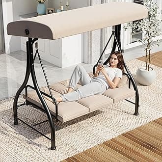 U-MAX Porch Swing Chair with Adjustable Backrest&Canopy, 3 Seat Patio Swing with Canopy 2-in-1 Convertible Outdoor Swing with Canopy Patio Daybed with Removable Beige Cushions for Adults