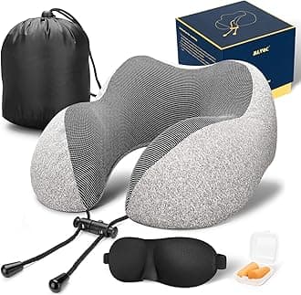 MLVOC Neck Pillow for Traveling, Upgraded 100% Pure Memory Foam Travel Neck Pillow for Airplane Flight Sleep, Breathable & Machine Washable Cover, Travel Kit with 3D Eye Mask, Earplugs & Bag, Grey
