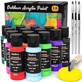 Nicpro 14 Colors Outdoor Acrylic Paint Bulk (4.06 oz,120ml) with Brush and Sponge, Knife, Non-Toxic Gloss Paint for Multi-surface Rock, Wood, Fabric, Leather, Crafts, Canvas, Shoes and Wall Painting