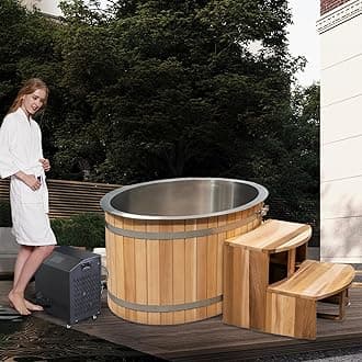 Smartmak 500 Gal Cold Plunge Tub with 1HP Chiller, Rred Cedar Ice Bath Tub, Cold and Hot System, Stainless Steel Base, WiFi/Filter/Ozone/UV(37-107 ℉)