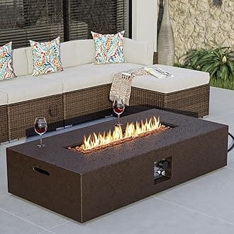 COSIEST 56-inch x 28-inch Outdoor Propane Fire Pit Coffee Table w Concrete Rectangle Base, 50,000 BTU, Free Lava Rocks and RainCover, Fits 20lb Tank Outside, Brown