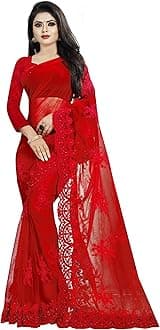 Women's Embroidered Work Net Fabric Saree With Unstitch Blouse Piece
