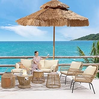 BULEXYARD 8 Piece Boho Outdoor Patio Furniture Sets with Round Propane Fire Pit Table, L-Shaped Wicker Rope Woven Patio Sectional Lounger Sofa Porch Conversation Set w/2 Bistro Chairs (Natural)