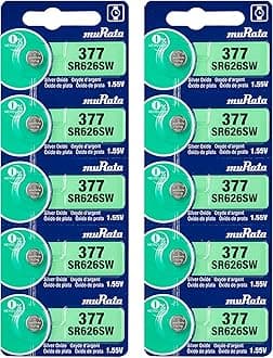 Murata 377 Battery SR626SW 1.55V Silver Oxide Watch Button Cell (10 Batteries)