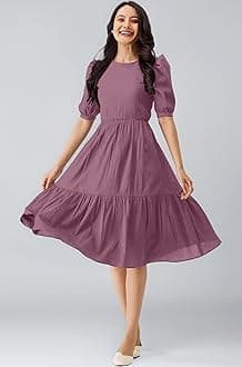 TRENDMALLS Dress for Women Cotton Blend Round Neck Half Puff Sleeve Flared Pleated Midi Western Dress
