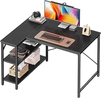 Huuger L Shaped Desk, 39 Inches Computer Desk with Reversible Storage Shelves, Gaming Desk, for Corner Home Office Writing Study, Metal Frame, Black