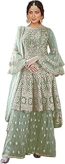 Miss EthnikWomen's Light Green Embroidered Flared Gown Dress 945-Light Green