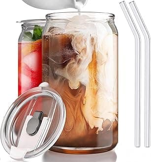 KELVEE Iced Coffee Drinking Glasses with Lids and Glass Straw, 500ml Beer Can Glass Can Shaped Tumbler Cup for Whiskey, Tea, Water, Soda, Cocktail Gift (Pack of 2) (Coco - 2)