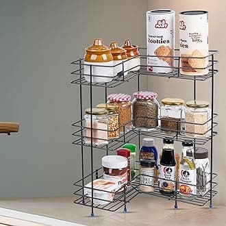 3-Tier Corner Storage Rack, Black Metal, Kitchen and Bathroom Organizer, Multipurpose Storage Shelf, Floor and Wall Mount Storage Stand, Durable and Long Lasting Rack (Color: Black)