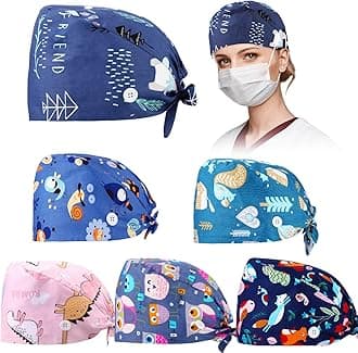 6 Pcs Women Scrub Caps Surgical Nurse Working Hats with Button and Sweatband Adjustable Elastic Nursing Bouffant Caps