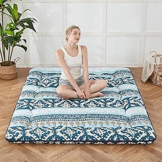 Japanese Floor Mattress, Futon Mattress with Portable Storage Bag, Roll Up Mattress Thick Tatami Mattress Suitable for Camping, Guest Room (Blue Striped Jacquard, Twin)