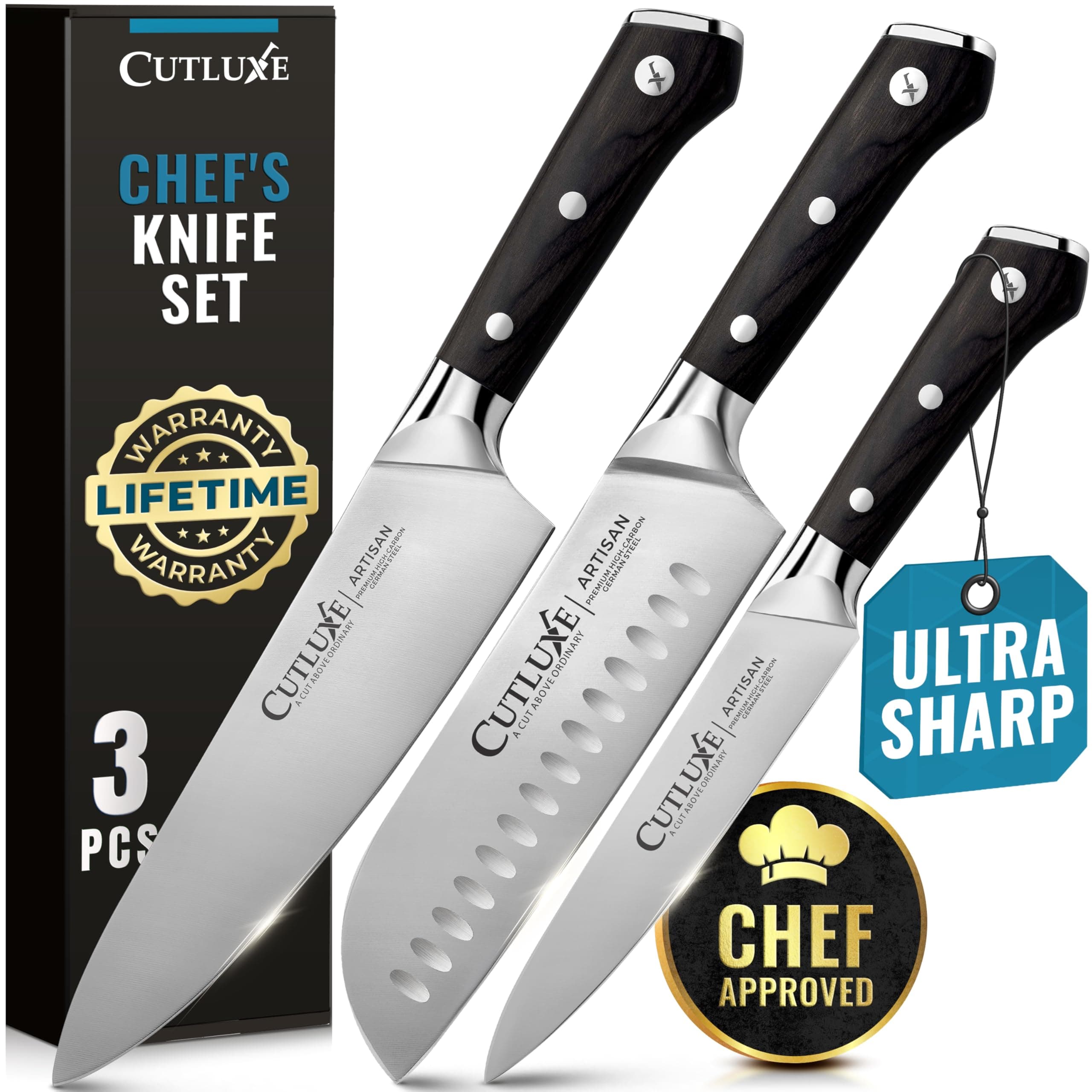 Cutluxe Chef Knife Set, 3 PCS Professional Chef's Knife Set – Razor Sharp German Steel, Full Tang, Ergonomic Handles - Artisan Series