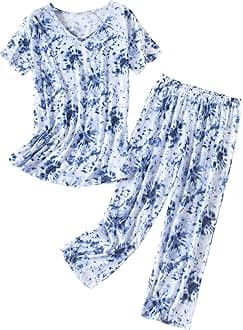 Womens Cotton Pajama Sets Short Sleeve Top With Capri Pants 2 piece sets for Women Summer Pajamas Lounge Set