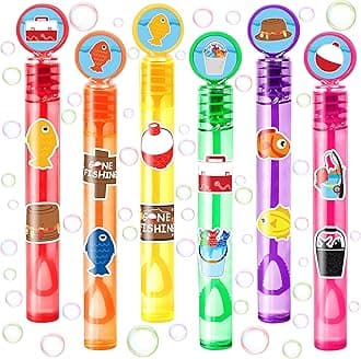 24PCS Gone Fishing DIY Bubble Wands with 96PCS Stickers - Party Favor for Goodie Bags, Pinata Stuffers, Mini Bubble Bulk Farm Birthday Supplies, Toys Gifts, Class Prizes for Toddlers, Boys & Girls