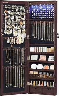 SONGMICS 6 LEDs Mirror Jewelry Cabinet, 47.2-Inch Tall Lockable Wall or Door Mounted Jewelry Armoire Organizer with Mirror, 2 Drawers, 3.9 x 14.6 x 47.2 Inches, Brown UJJC93K