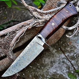 BIGCAT ROAR Handmade Damascus Hunting Knife - Bushcraft Fixed Blade Hunting Knife with Sheath and Walnut Wood Handle - 10″ EDC Skinning Knife - California