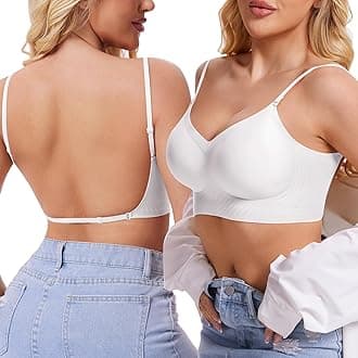 Low Back Bra Padded Bralettes for Women Backless Smoothing Invisible Wireless Lifting Convertible Bras, White, X-Small