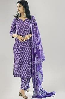 MEERA FAB Women's Cotton Printed Straight Kurta with Palazzo & Dupatta Set
