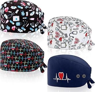 4 Pcs Nurse Caps for Women Nursing Working Caps with Button and Sweatband Adjustable Elastic Scrub Hats for Dentist