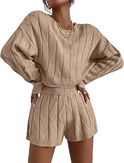 Ekouaer Knit Lounge Sets for Women 2 Piece Cozy Long Sleeve Pullover Sweater Top and Shorts Set Sweatsuit Outfits