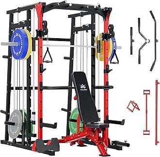 Major Fitness SML07 Machine All-in-One Home Gym Power Cage with Weight Bar and Two LAT Pull-Down Systems and Cable Crossover Machine, Exercise Attachment