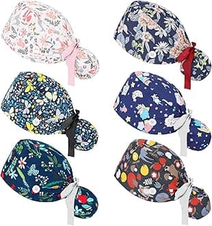 6 Pcs Scrub Caps Women with Buttons Adjustable Bouffant Hats Ponytail Holder Nursing Bouffant Turban Hats, Retro Patterns, One size