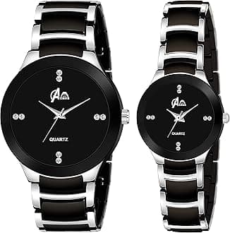 Premium Plated Full Dial Couple Analog Watches For Men And Women (Black Silver) Pack Of 2 - Stainless Steel